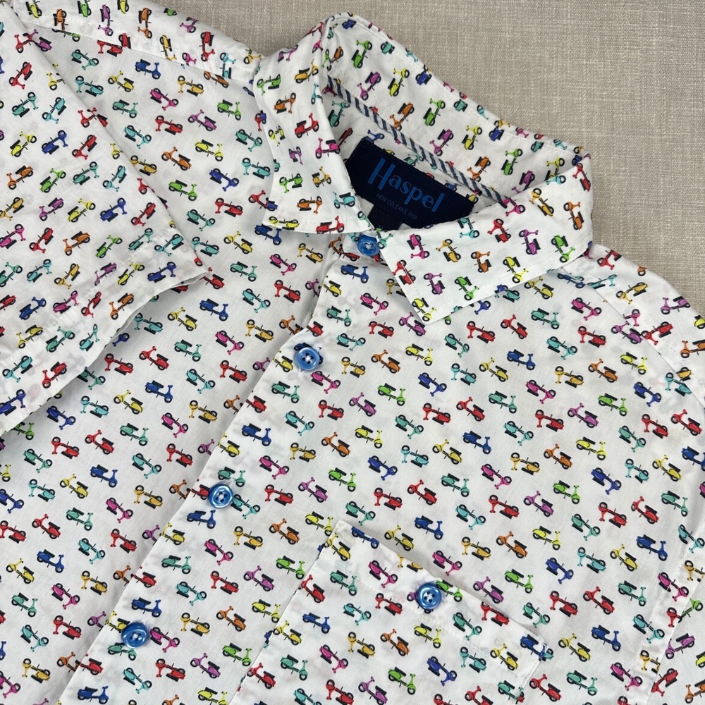 Haspel Button Down Shirt Mens M White Multicolor Scooter Print Short Sleeve